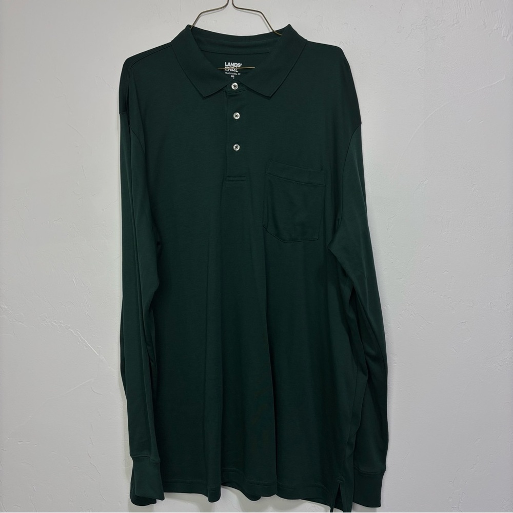 Lands' End Men's Green Long Sleeve Shirt Polo XXL 2XL 50-52 Cotton Soft Casual